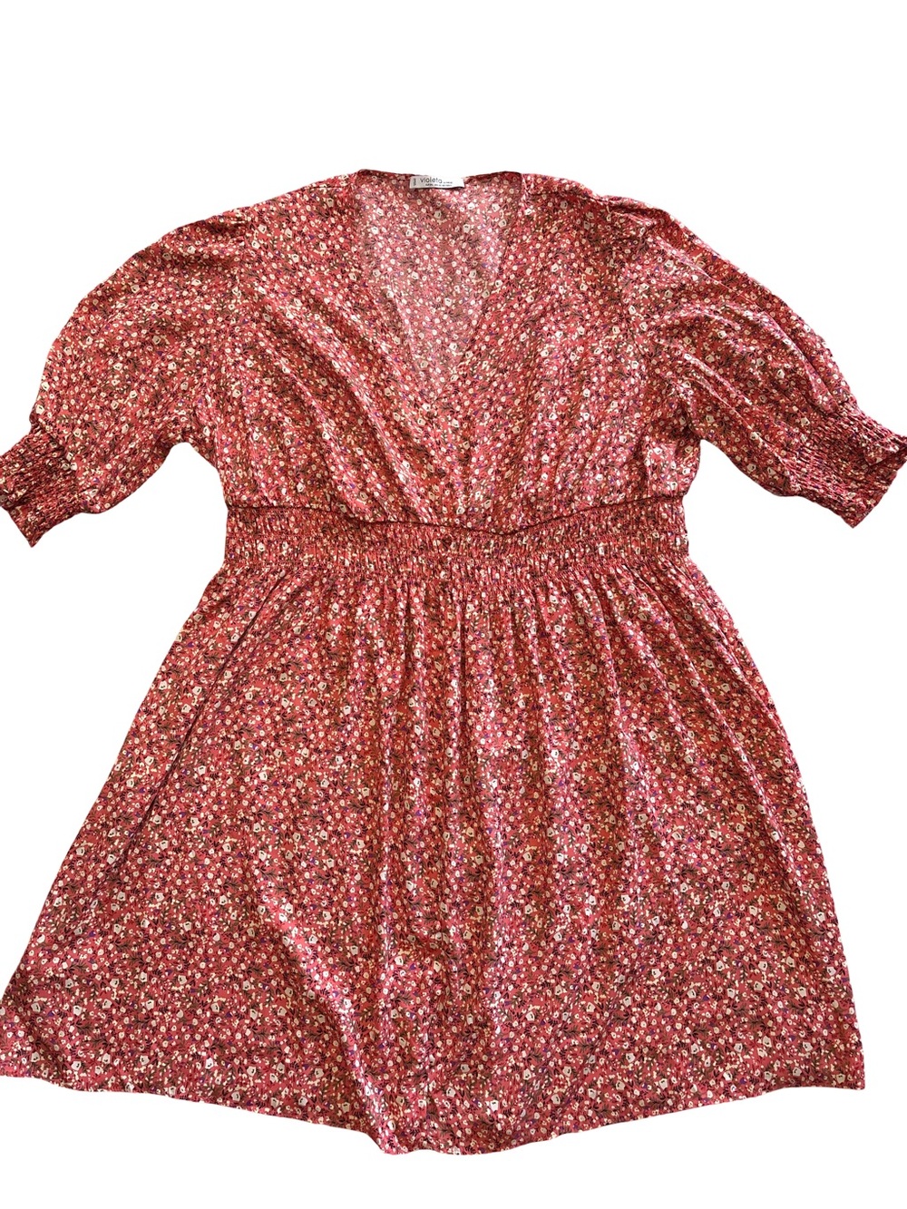 Mango Rust Floral Midi Dress with Smocked Waist